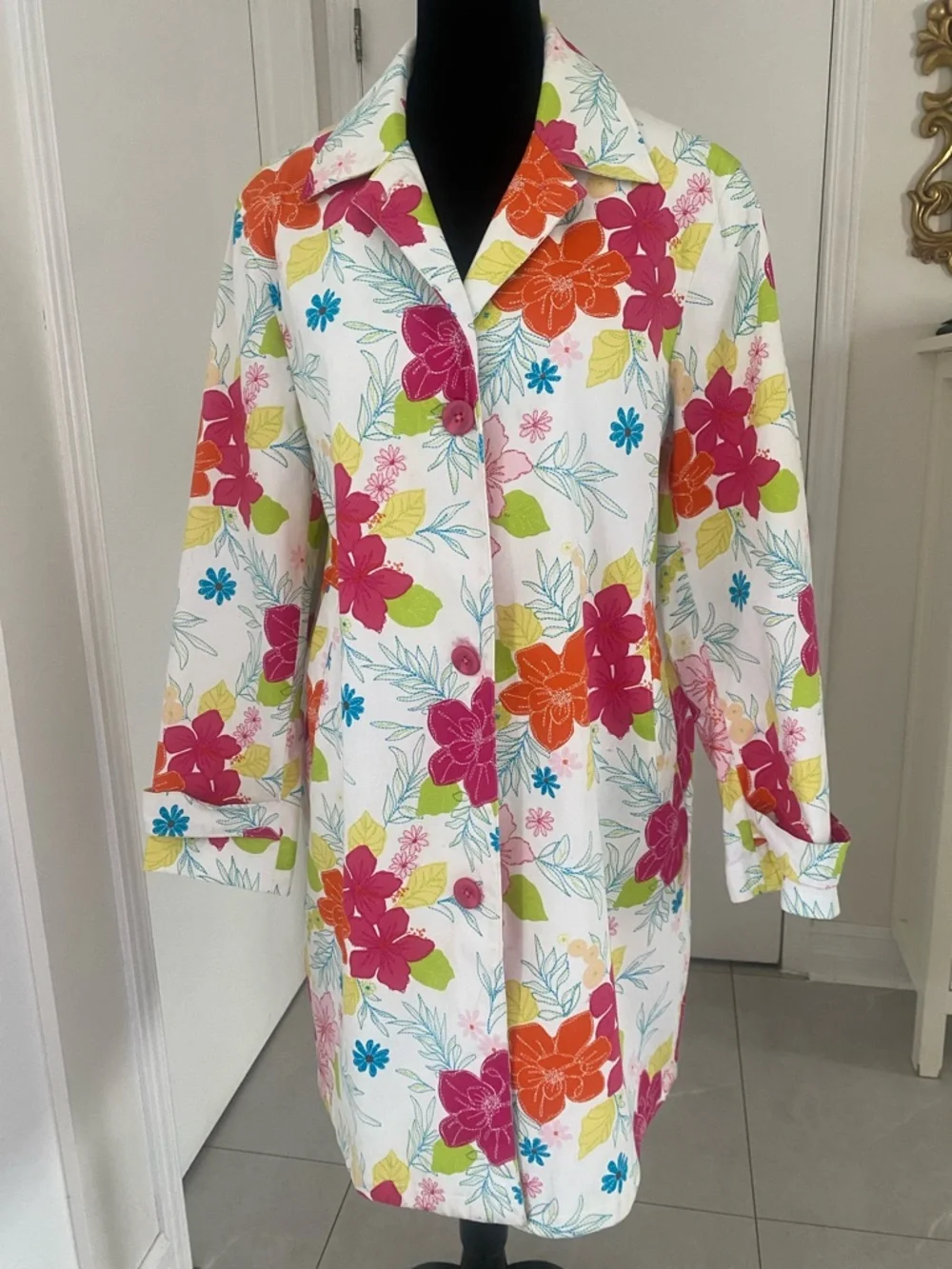 Harvé Benard Bold Colourful Floral button down lined cotton Spring Coat Size 16 - Picture 3 of 17